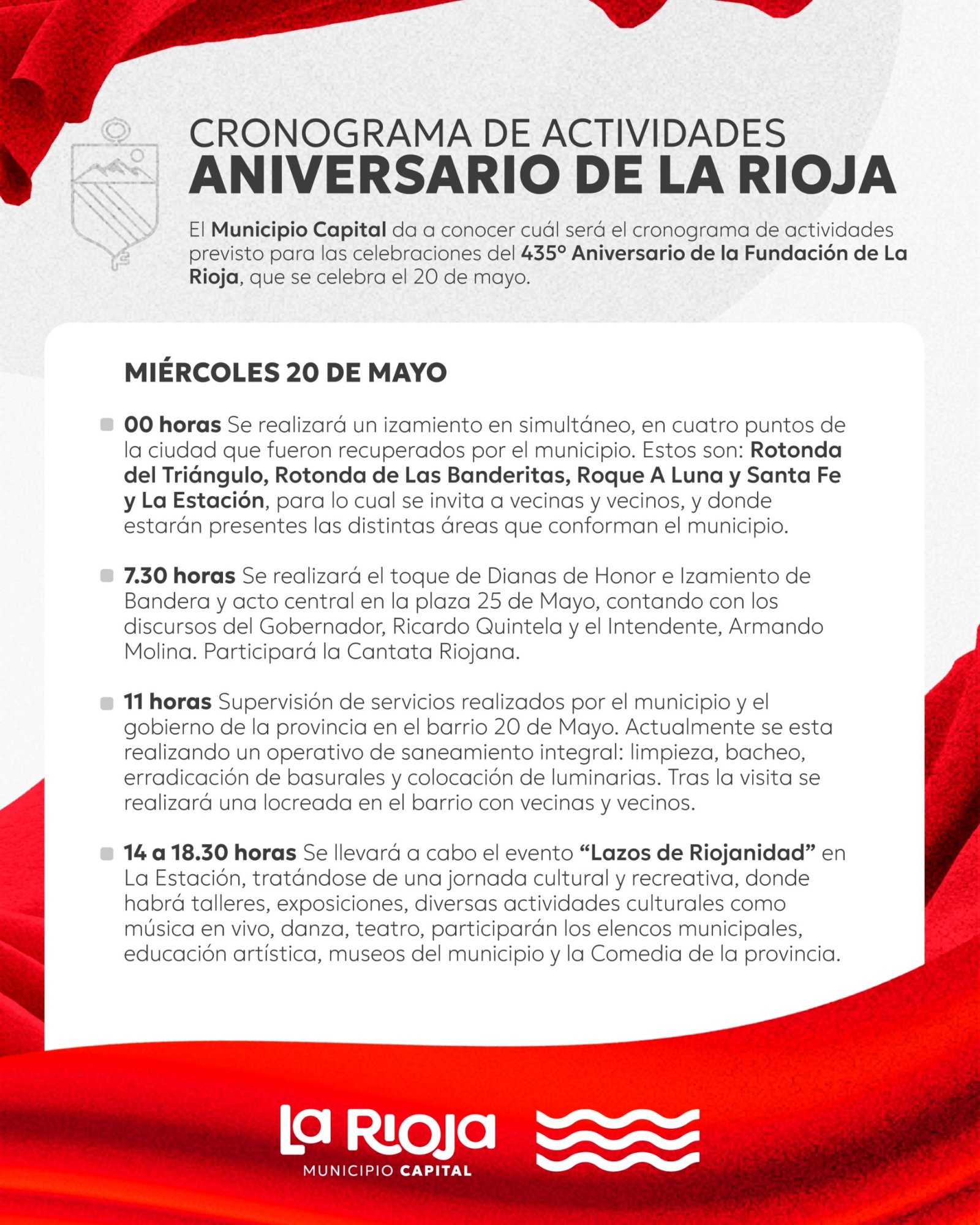 Cronograma de actividades del Municipio por el Aniversario de La Rioja 