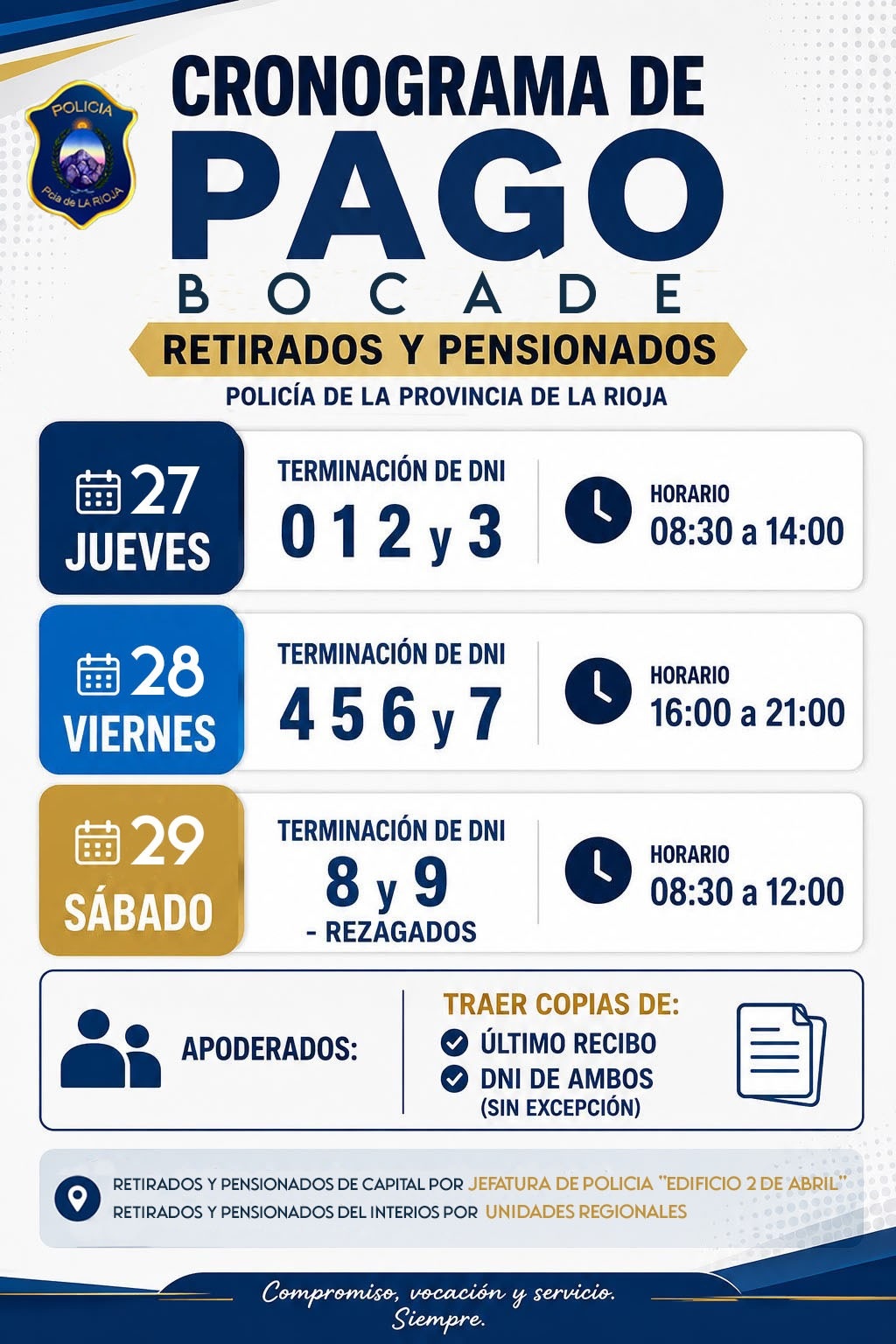 CRONOGRAMA DE PAGO BOCADE PARA RETIRADOS Y PENSIONADOS DE LA POLICIA DE LA RIOJA 